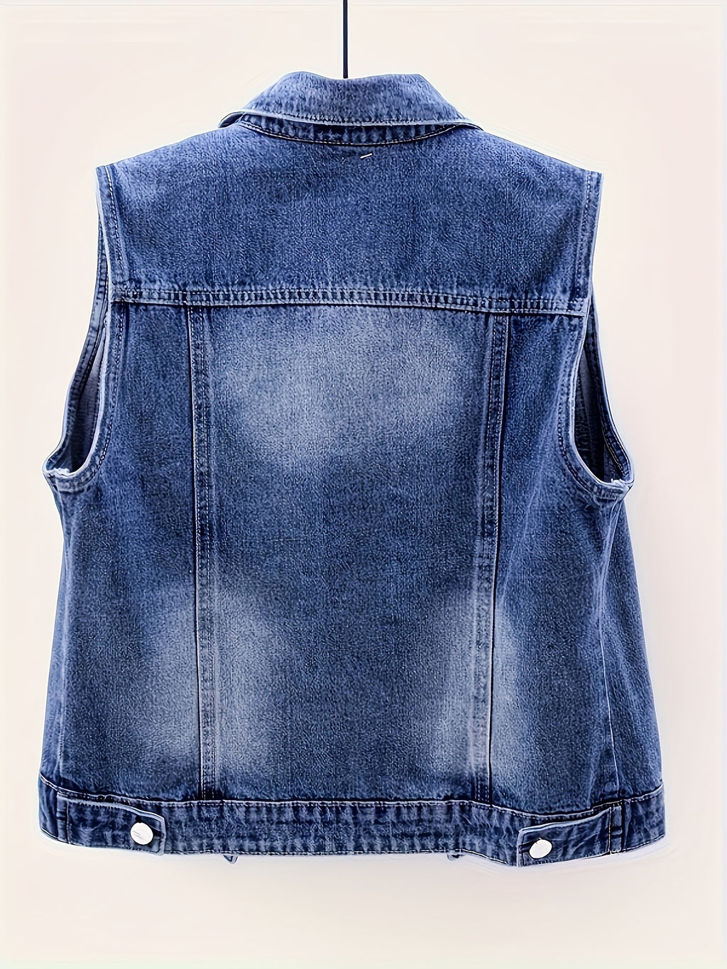 Women's Sleeveless Denim Vest with Pearl Details - Distressed Ripped Jean Jacket, Flap Pockets, Raw Hem, Button-Up Front, Light Blue Denim, Elegant Summer Style