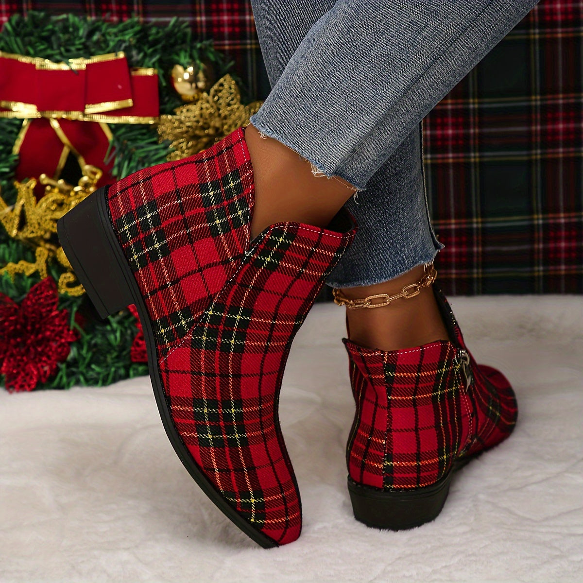 Women's Red Plaid Pointed Toe Low Block Heel Ankle Boots with Asymmetrical Pattern - Zipper Closure, All-Season Comfort Fabric Upper & Plastic Sole for Casual & Festive Occasions