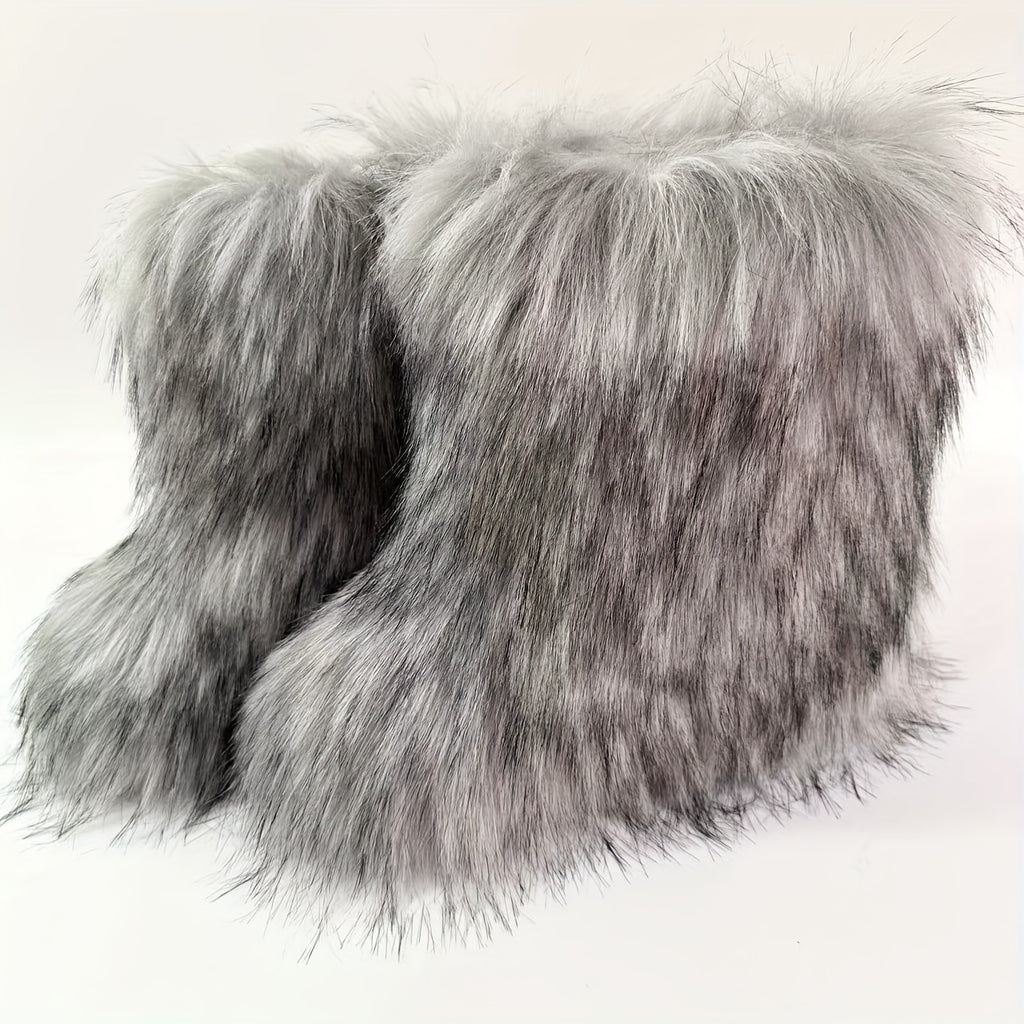 Women's Winter Warm Faux Fox Fur Snow Boots - Slip-On High-Top Flat Heel Round Toe Mid-Calf Boots with Plush Lining & Rubber Sole, Cozy Cold Weather Footwear for Casual Outings (Black\u002FGrey\u002FBeige), Winter Boots, Midcalf Height