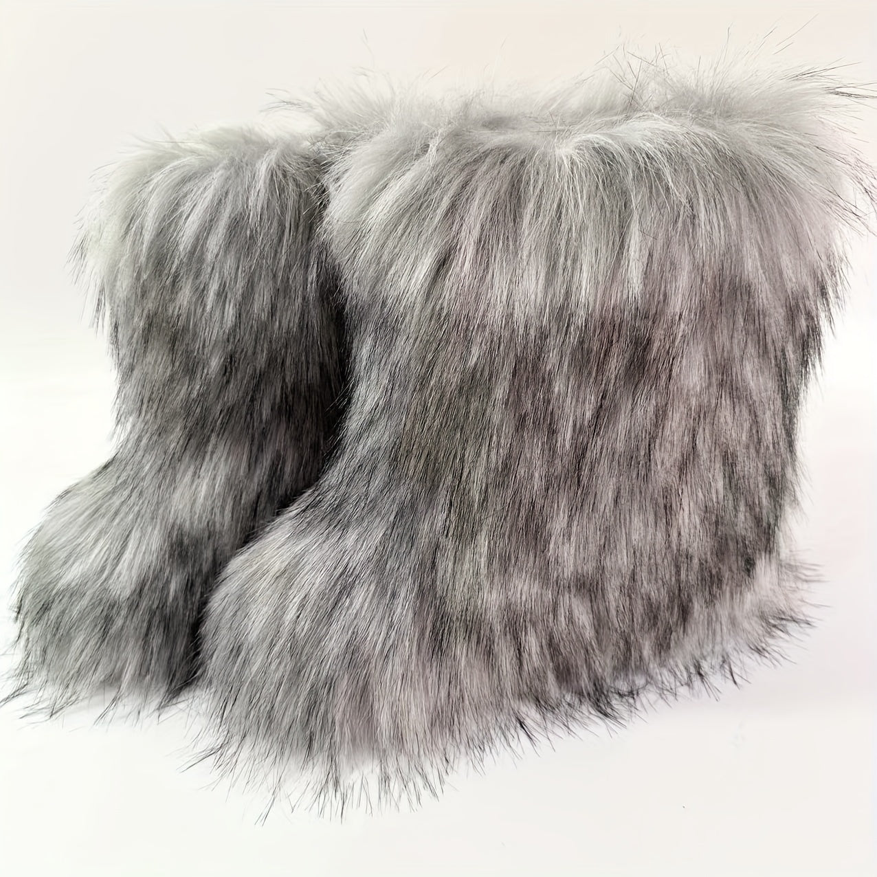 Women's Winter Warm Faux Fox Fur Snow Boots - Slip-On High-Top Flat Heel Round Toe Mid-Calf Boots with Plush Lining & Rubber Sole, Cozy Cold Weather Footwear for Casual Outings (Black\u002FGrey\u002FBeige), Winter Boots, Midcalf Height