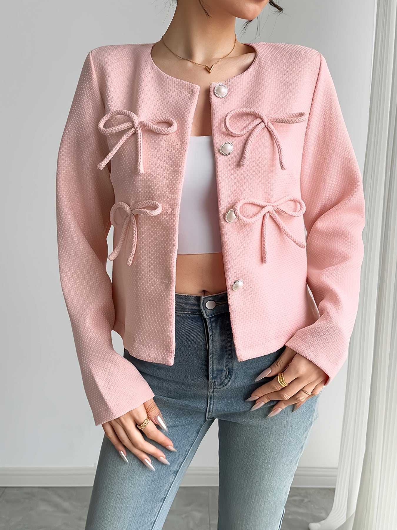 Women's Casual Chic Round Neck Long Sleeve Jacket with Bow Accents - Lightweight 100% Polyester Machine-Washable Spring Summer Fall Outerwear, Solid Color Versatile Blazer