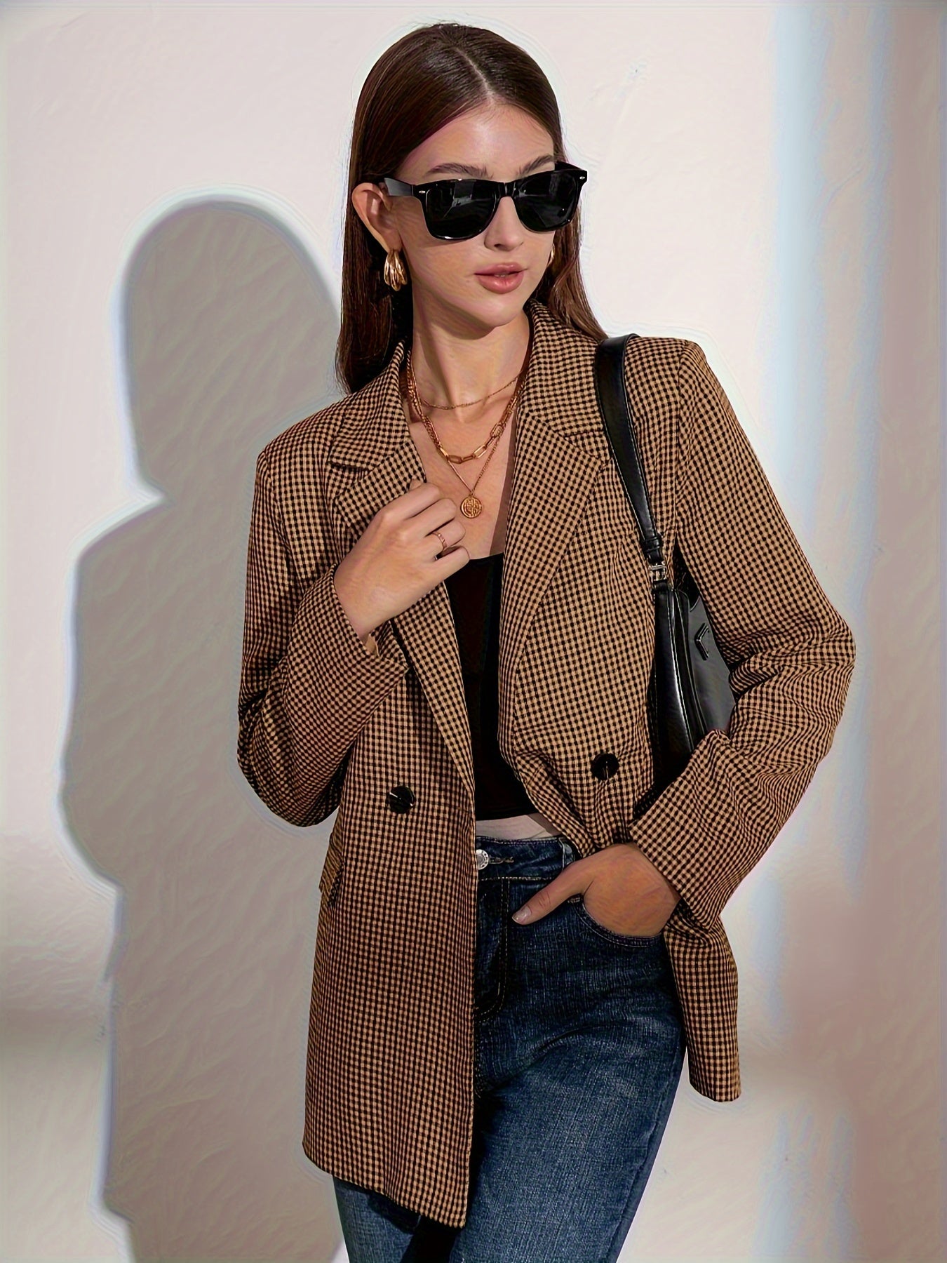 Plaid Pattern Double Breasted Lapel Blazer, Elegant Long Sleeve Blazer For Work & Office, Women's Clothing