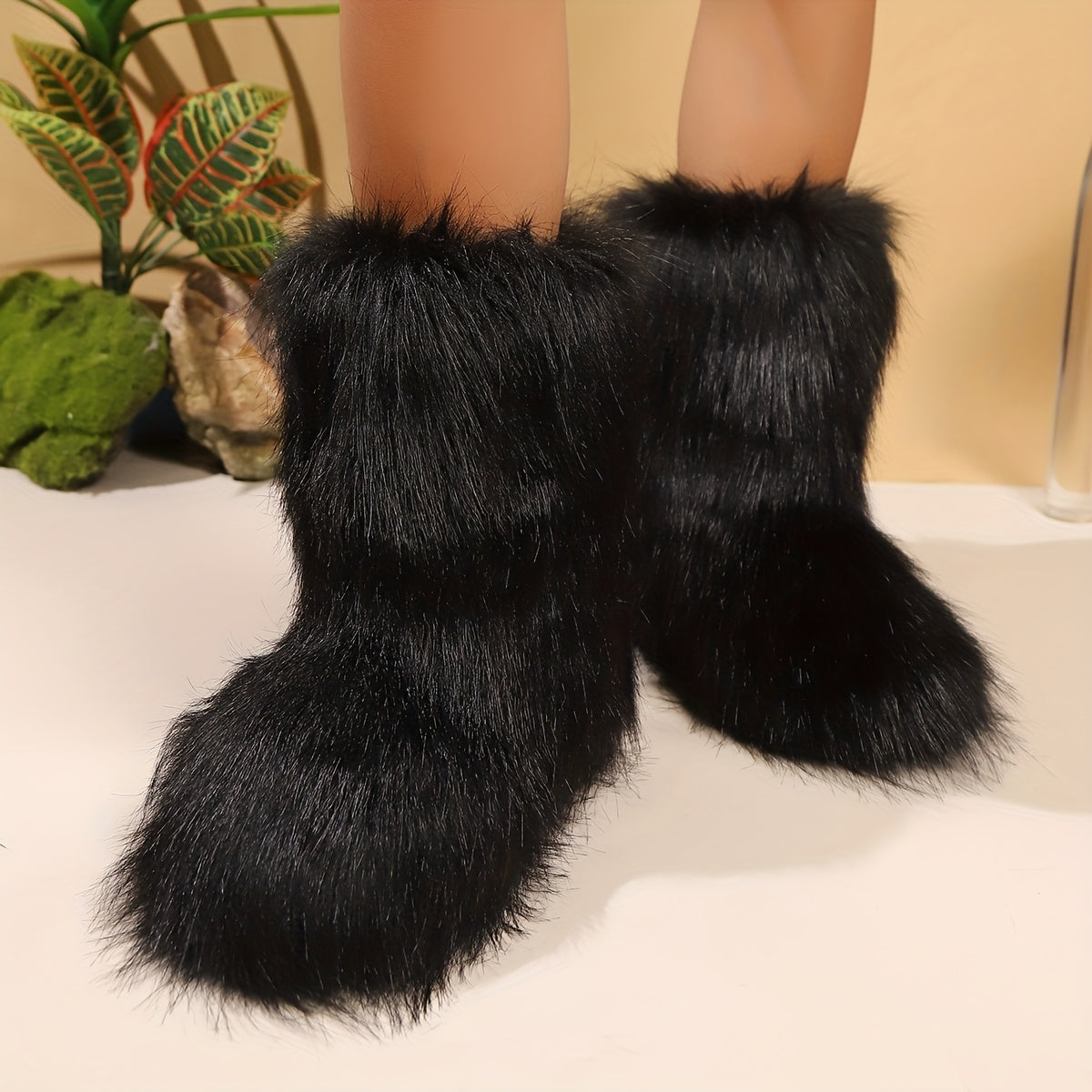 Women'S Fluffy Faux Fur Boots, Cute Mid-Top Plush Lined Winter Warmth, Slip-On Design Flat Comfortable Snow Boots