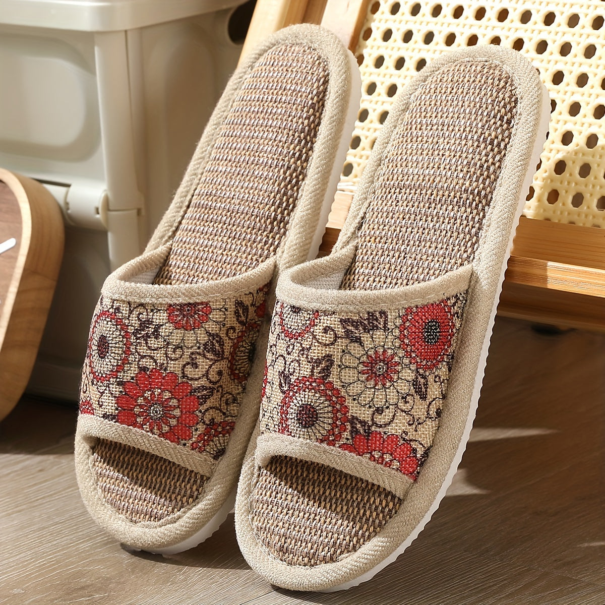 Women's Floral Linen Slip-On Slippers with EVA Sole - Non-Slip Indoor House Shoes for Hardwood Floors, Breathable All-Season Comfort, Soft Cushioned Casual Home Footwear