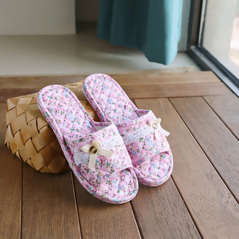 Casual Floral Slip-on Slippers - All-Season Fabric Upper, Inner & Sole - Quiet Soft Home Indoor Women's Footwear - Imported