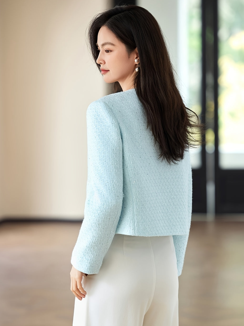 Women'S Elegant Light Blue Blazer with Golden Buttons - Versatile Long Sleeve Short Jacket for Spring & Fall, Polyester Fabric, Stylish Button-Up Design, Perfect for Office or Casual Attire, Office Blazer | Stylish Blazer | Polyester Blazer