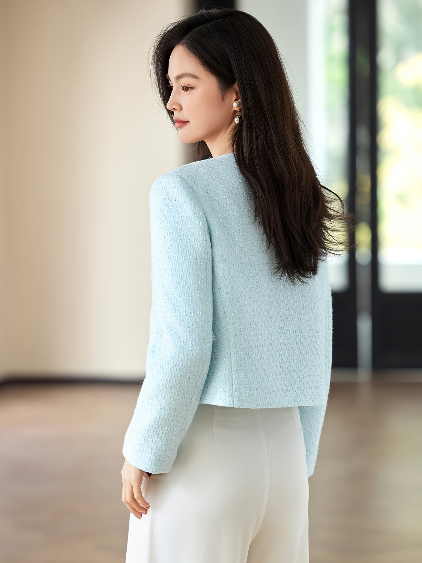 Women'S Elegant Light Blue Blazer with Golden Buttons - Versatile Long Sleeve Short Jacket for Spring & Fall, Polyester Fabric, Stylish Button-Up Design, Perfect for Office or Casual Attire, Office Blazer | Stylish Blazer | Polyester Blazer