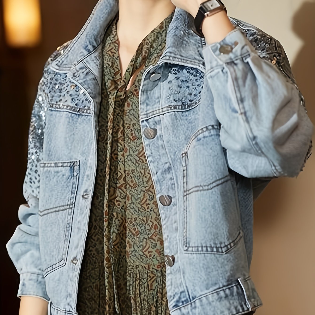 Women's Light Blue Denim-Look Jacket with Sequin Details, Flap Pockets, and Buttoned Cuffs - Stylish Long Sleeve Outerwear for Spring\u002FFall, Ladies Denim Jacket, Casual Outerwear | Trendy Women's Jacket | Sequin Accents