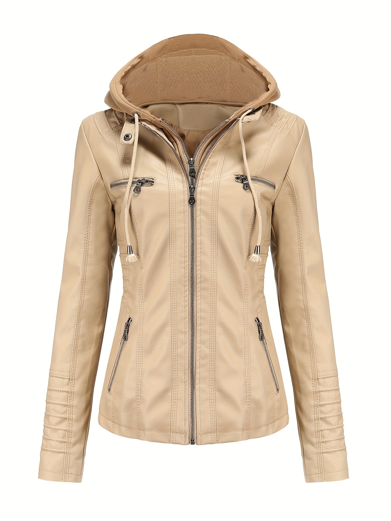 Women'S Elegant Black Hooded Jacket with Detachable Shoulder Straps - Perfect for Spring and Fall, Casual Style, Zipper Closure, Faux Leather Outerwear, Casual Jacket| Detachable Shoulder Straps|Zipper Closure Jacke