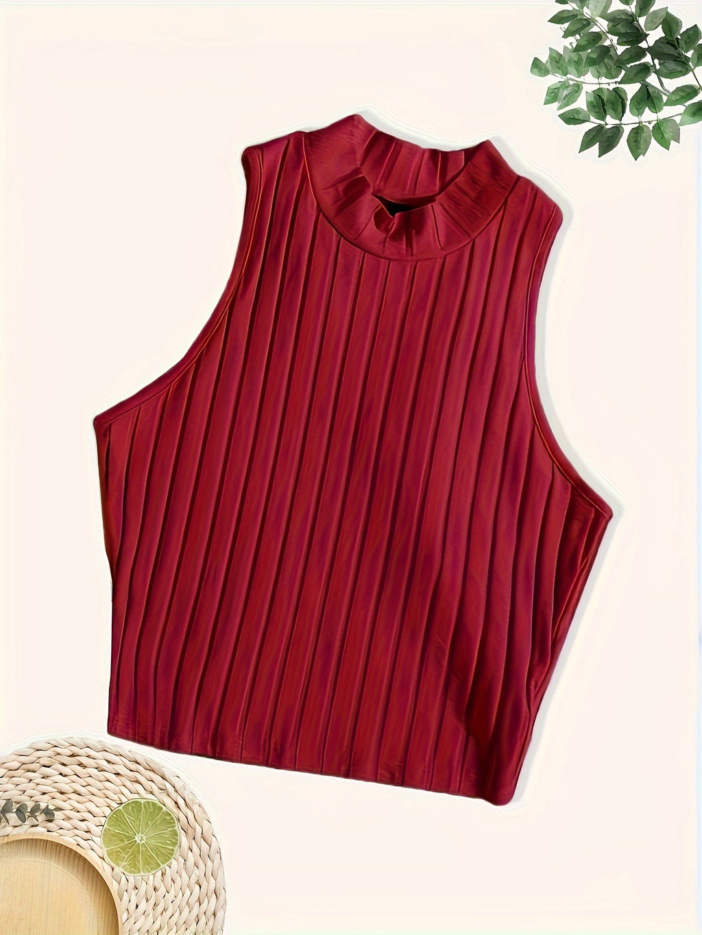 Middle East Special Solid Color Ribbed Vest 4pcs Set, Elegant Stand-up Collar Sleeveless Navel Top