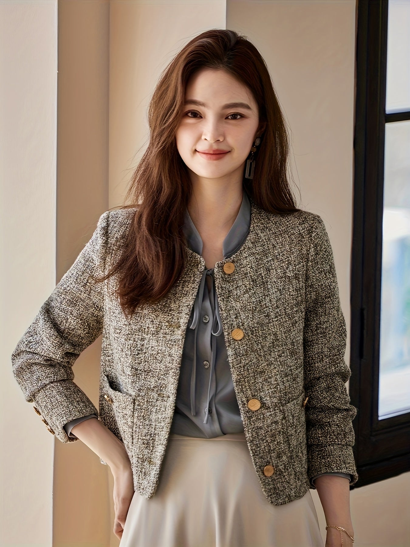 Chic French-Inspired Women'S Blazer - Elegant Long Sleeve, Button-Up Jacket with Golden Buttons, Polyester, Perfect for Spring\u002FFall, Sophisticated Layering Piece|Chic Buttonup Blazer|Polyester Jacket