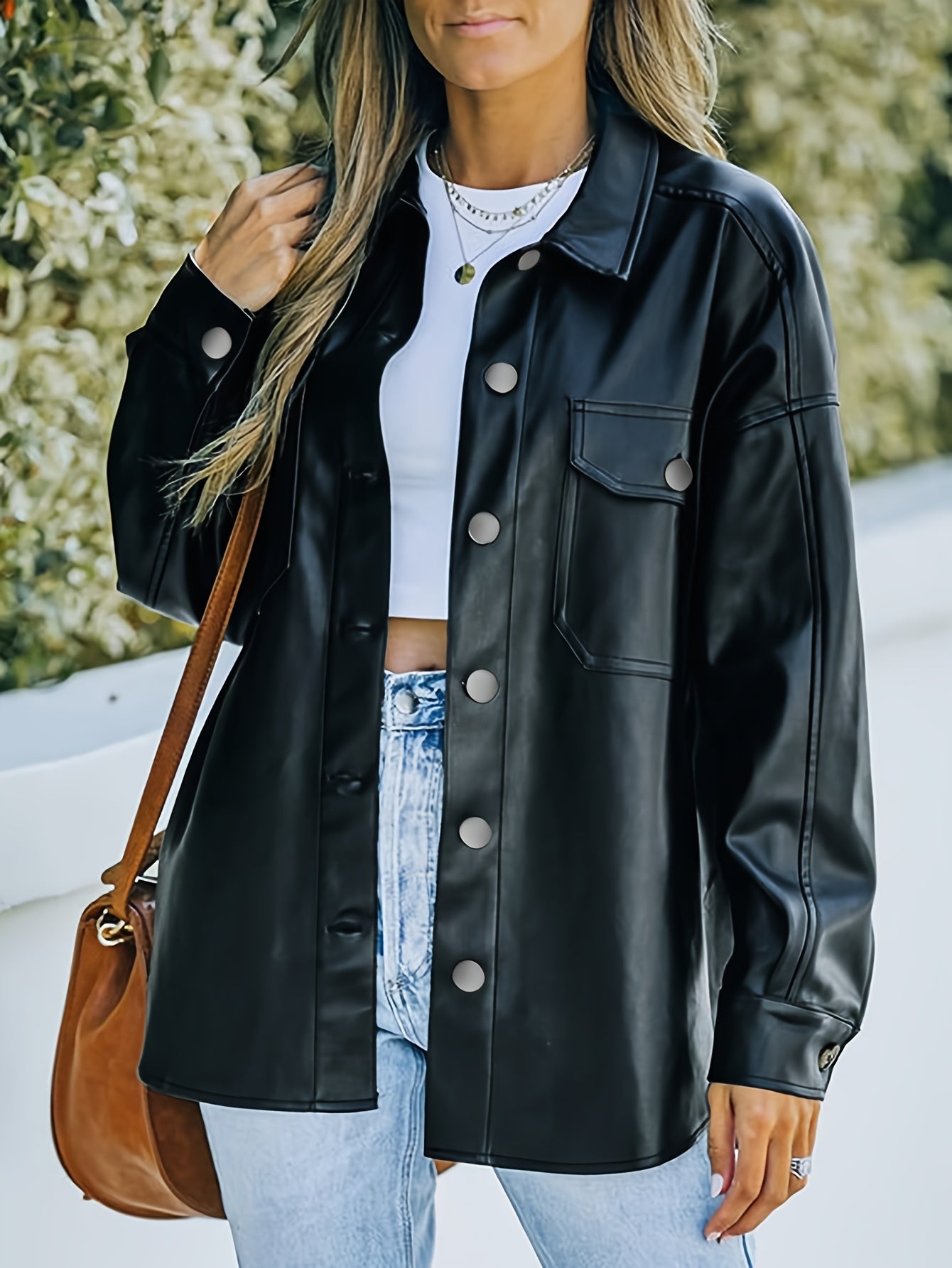 Spring\u002FSummer Women'S Faux Leather Jacket, Vintage Casual, Business, Elegant Style, Comfortable, Long Sleeve, Faux Leather, Side Waist, Split, Machine Washable, Daily Wear, Suitable for Spring, Summer, Autum