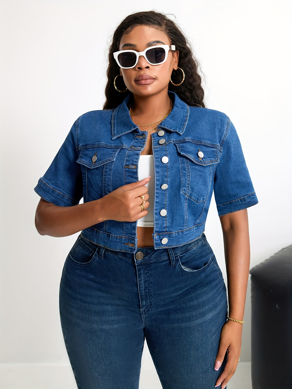 Plus Size Women'S Stretch Denim Short Sleeve Vest - Elegant V-Neck Button-Up Jacket with Pockets, Medium Stretch Fabric, Perfect for Spring\u002FSummer Casual Wear, Jean Jacke