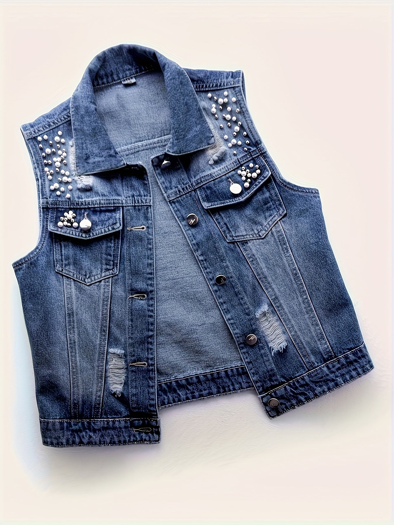Women's Distressed Denim Vest Jacket with Pearl & Stud Embellishments - Sleeveless Retro Casual Short Length Jacket, Solid Color Regular Fit for Spring\u002FFall, Elegant Special Collection, Spring Outerwear, Pearl And Stud Details, Elegant Texturing