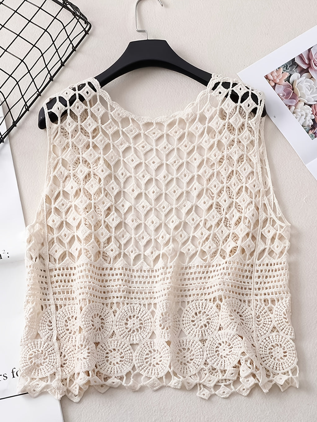 Boho Chic Cotton Breathable V-Neck Cardigan Vest for Women - Sleeveless, Hollow Out Design with Geometric Pattern, Perfect for Spring\u002FSummer, Short Fashion, Outdoor Wear, 14-16