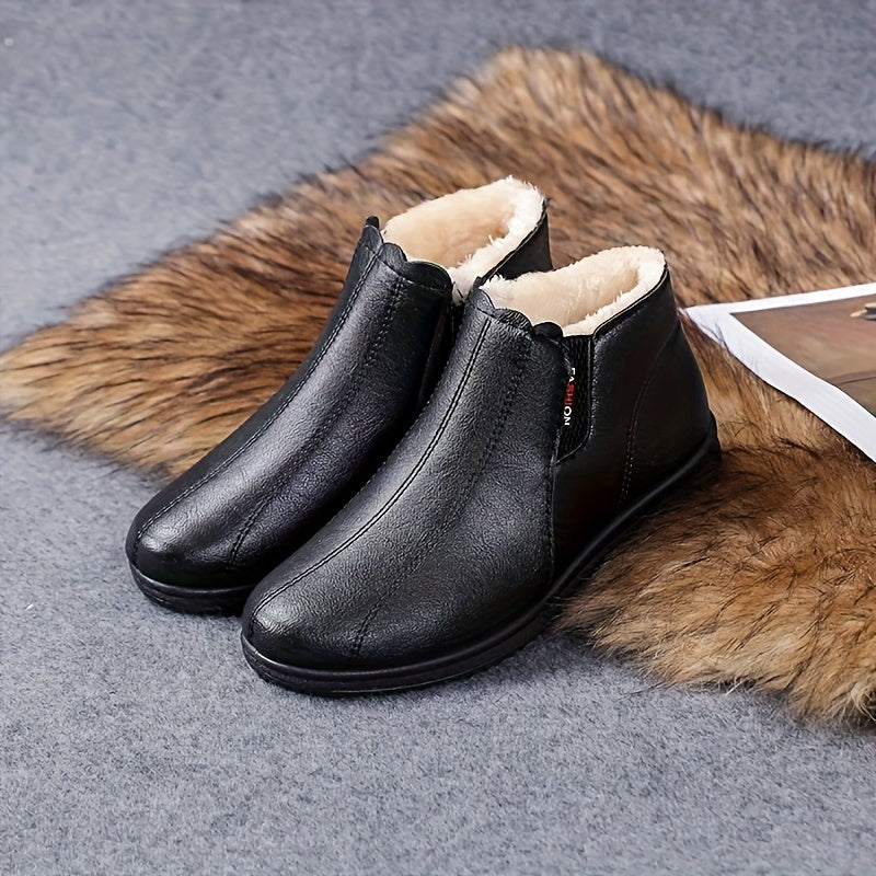 Women'S Plus Size Winter Boots - Black Faux, Warm Lined, Non-Slip Rubber Sole, Flat Heel, Zipper Closure, Comfortable Short Boots for Cold Weather, Winter Footwear|Round Toe Boots|Faux Boots