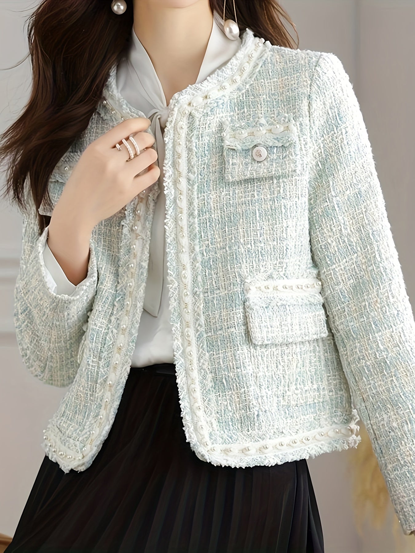 Women's European Vacation Chic Jacket - Elegant White Round Neck All-Season Lightweight Coat with Decorative Buttons, Hand Washable Solid Color Outerwear for Casual & Formal Occasions, Sophisticated Style, Durable Material, Fashionconscious Women