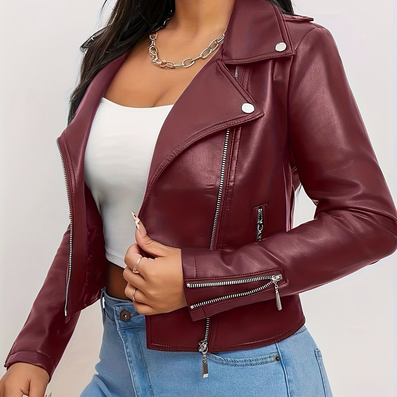Women'S Chic Faux Leather Biker Jacket - Beige, Long Sleeve, Zipper Front, Pockets, Skinny Fit, Spring\u002FFall Fashion, Casual Attire Jacket|Chic Casual Jacket|Zippered Jacket