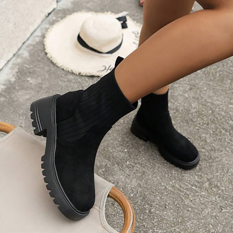 Elegant Black Faux Fur Ankle Boots - Stylish Pull-On with Round Toe, Mid-Heel, and Rubber Sole for Women, Perfect for Casual and Formal Attire, Stylish Ankle Boots|Faux Fur Boots|Rubber Sole Boots