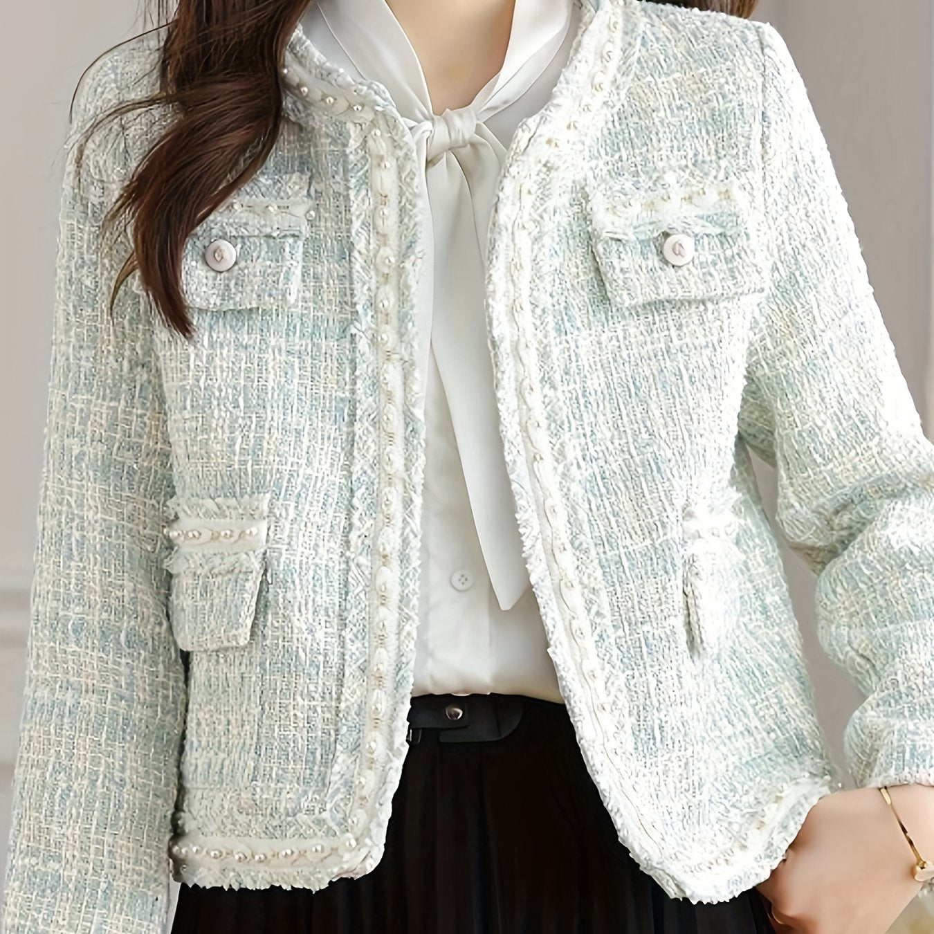 Women's European Vacation Chic Jacket - Elegant White Round Neck All-Season Lightweight Coat with Decorative Buttons, Hand Washable Solid Color Outerwear for Casual & Formal Occasions, Sophisticated Style, Durable Material, Fashionconscious Women