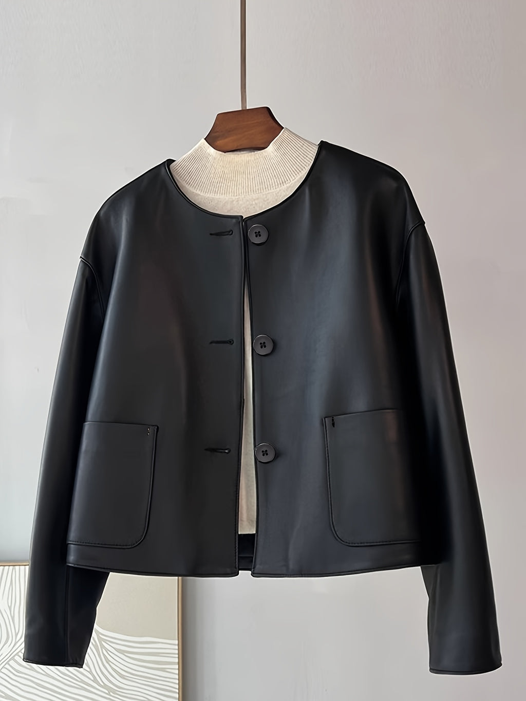 Women's Chic Green PU Leather Jacket - Casual Short Style with Button Front, Long Sleeves, and Side Pockets for Spring\u002FFall