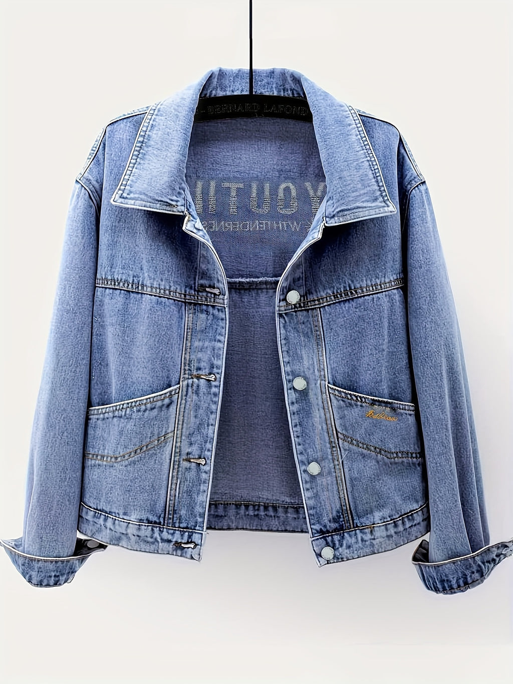Women's Retro Slimming Loose Fit Short Jacket - 65% Blend Embroidered Letter Detail, Lapel Collar Spring\u002FFall Casual Outerwear, Versatile Blue Denim Coat for Casual Attire, Casual Women's Jacket | Embroidered Denim | Relaxed Fit Jacket