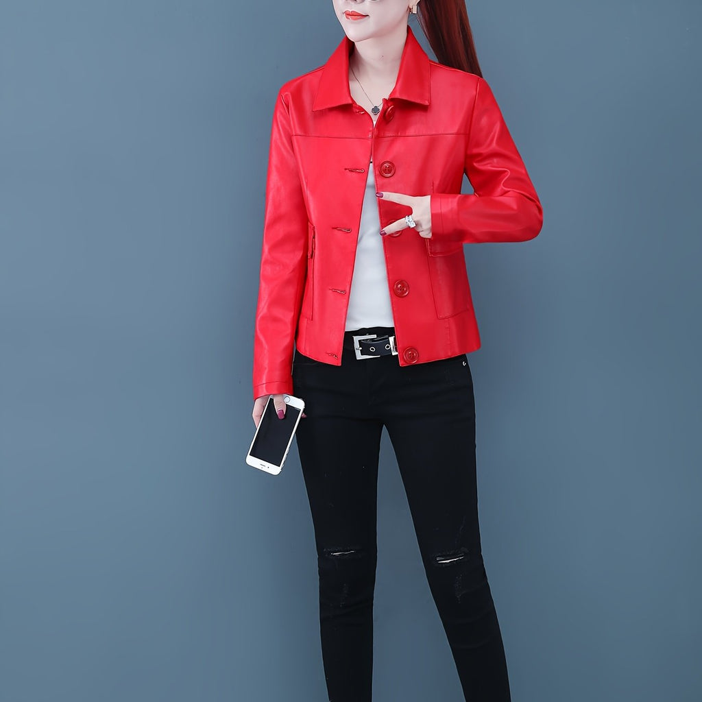Women's Premium PU Leather Jacket - Elegant Korean Style Short Slim-Fit Red Button-Up Blazer with Notch Lapel & Flared Hem, Spring\u002FAutumn Casual Outerwear