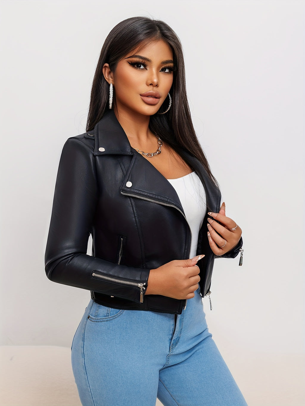 Women'S Chic Faux Leather Biker Jacket - Beige, Long Sleeve, Zipper Front, Pockets, Skinny Fit, Spring\u002FFall Fashion, Casual Attire Jacket|Chic Casual Jacket|Zippered Jacket