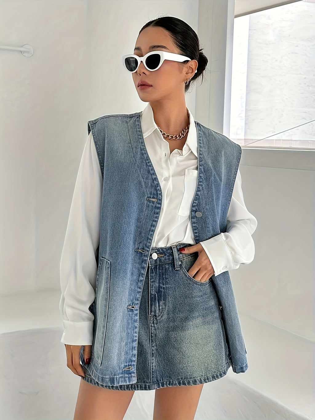 Women's Vintage Washed Blue Denim Vest - Loose Fit Button-Up Sleeveless Jacket with Flap Pockets, Retro Style, Machine Washable
