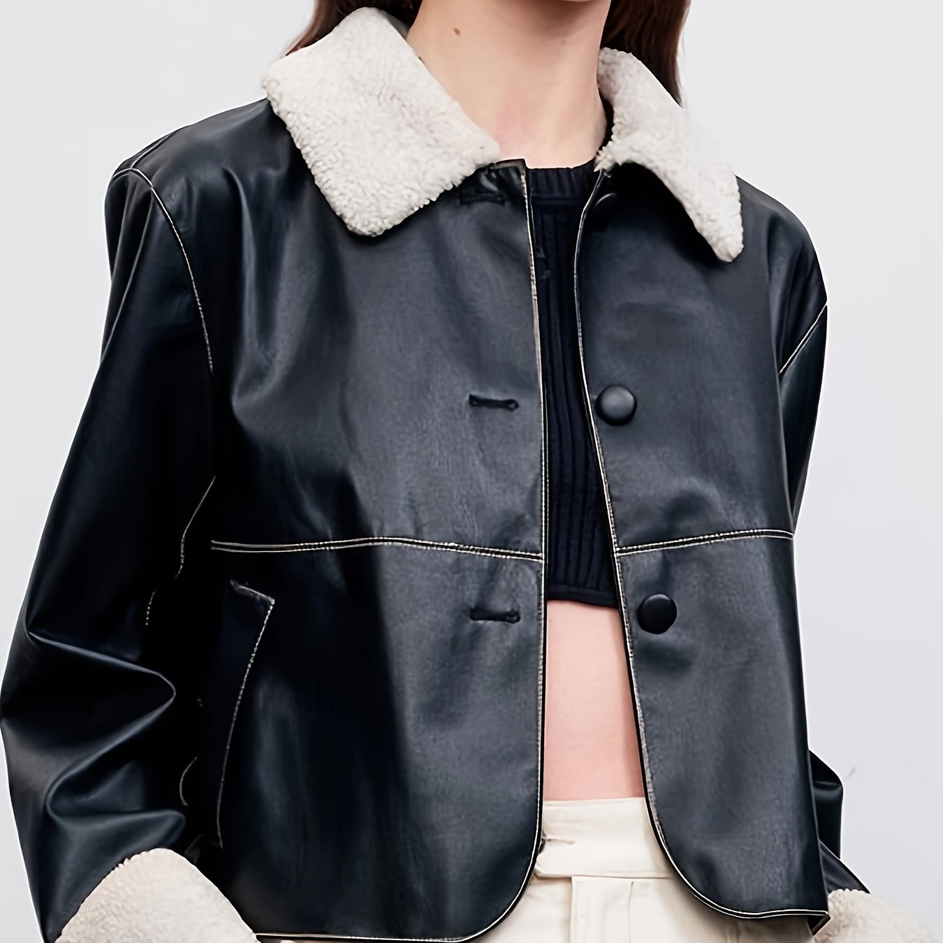 Elegant Faux Leather Jacket for Women - Short Sleeve Solid Color Polyester Lined Faux Fur Collar with Single Button Closure and Pockets - Autumn\u002FWinter Fashion