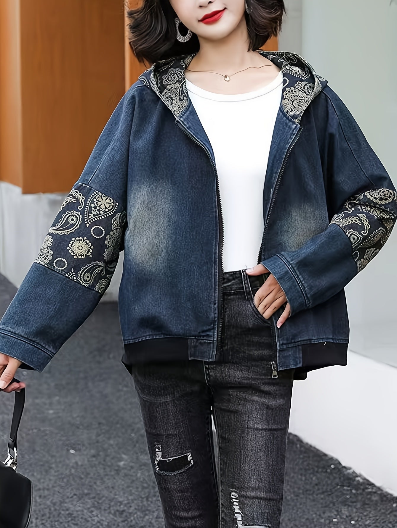 Women'S Vintage-Inspired Denim Jacket with Geometric Pattern and Zipper Detail - Casual Loose Fit, Zip-Up Hooded Jacket for Spring and Fall, Casual Jacket | Hooded Jacket | Decorative Patches