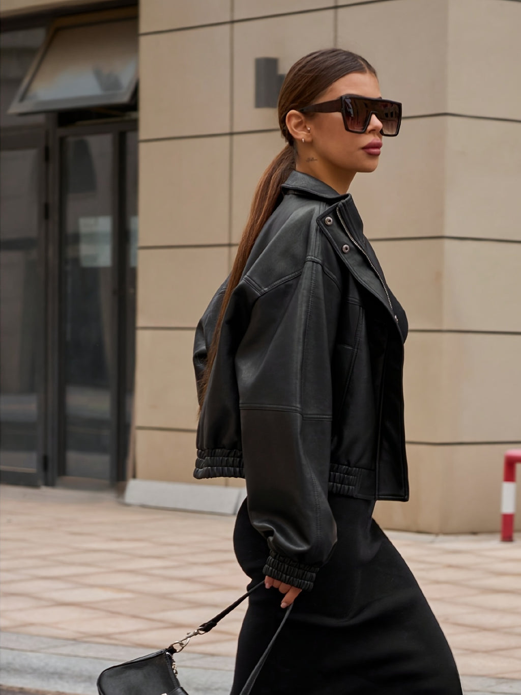 Women'S Casual Stand Collar Black Cropped Jacket, Faux Leather with Zipper, Solid Color, Long Sleeve, Short Length, Fall\u002FWinter Outerwear, 91% Polyester 5% 4% Viscose