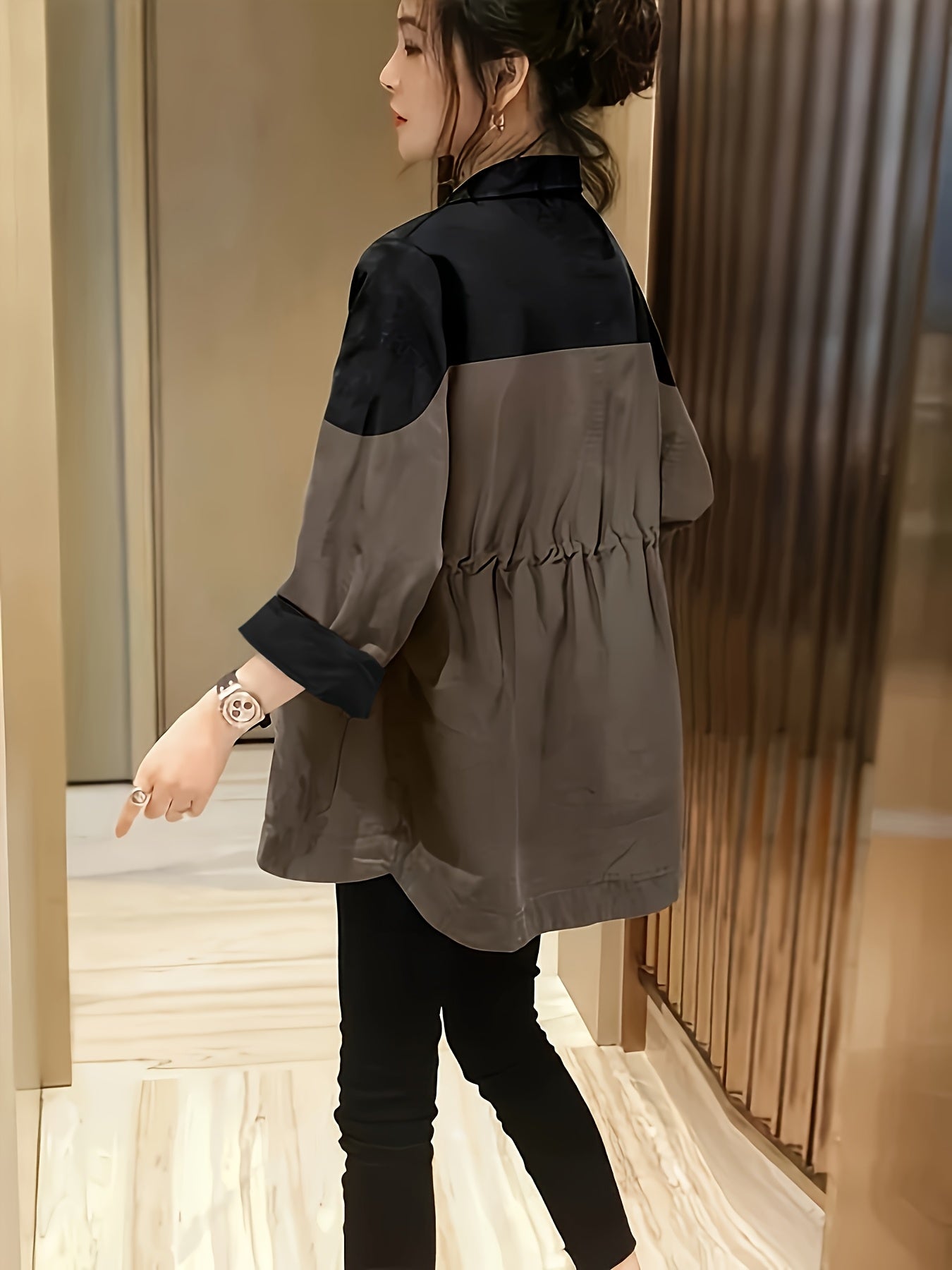 Women'S Chic Color Block Blazer - Casual Oversized Jacket with Button Front, Long Sleeves, Polyester, Perfect for Spring & Fall, Casual Wear Jacket|Button Front Blazer|Polyester Jacke