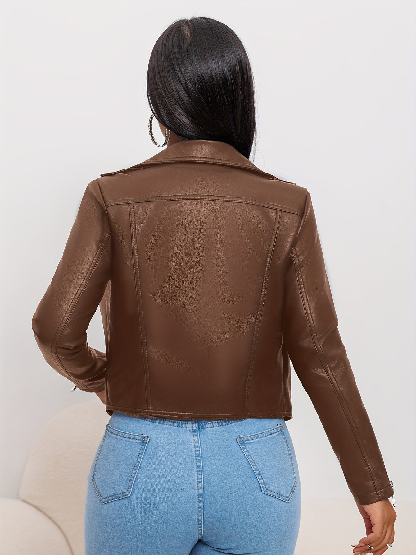 Women'S Chic Faux Leather Biker Jacket - Beige, Long Sleeve, Zipper Front, Pockets, Skinny Fit, Spring\u002FFall Fashion, Casual Attire Jacket|Chic Casual Jacket|Zippered Jacket