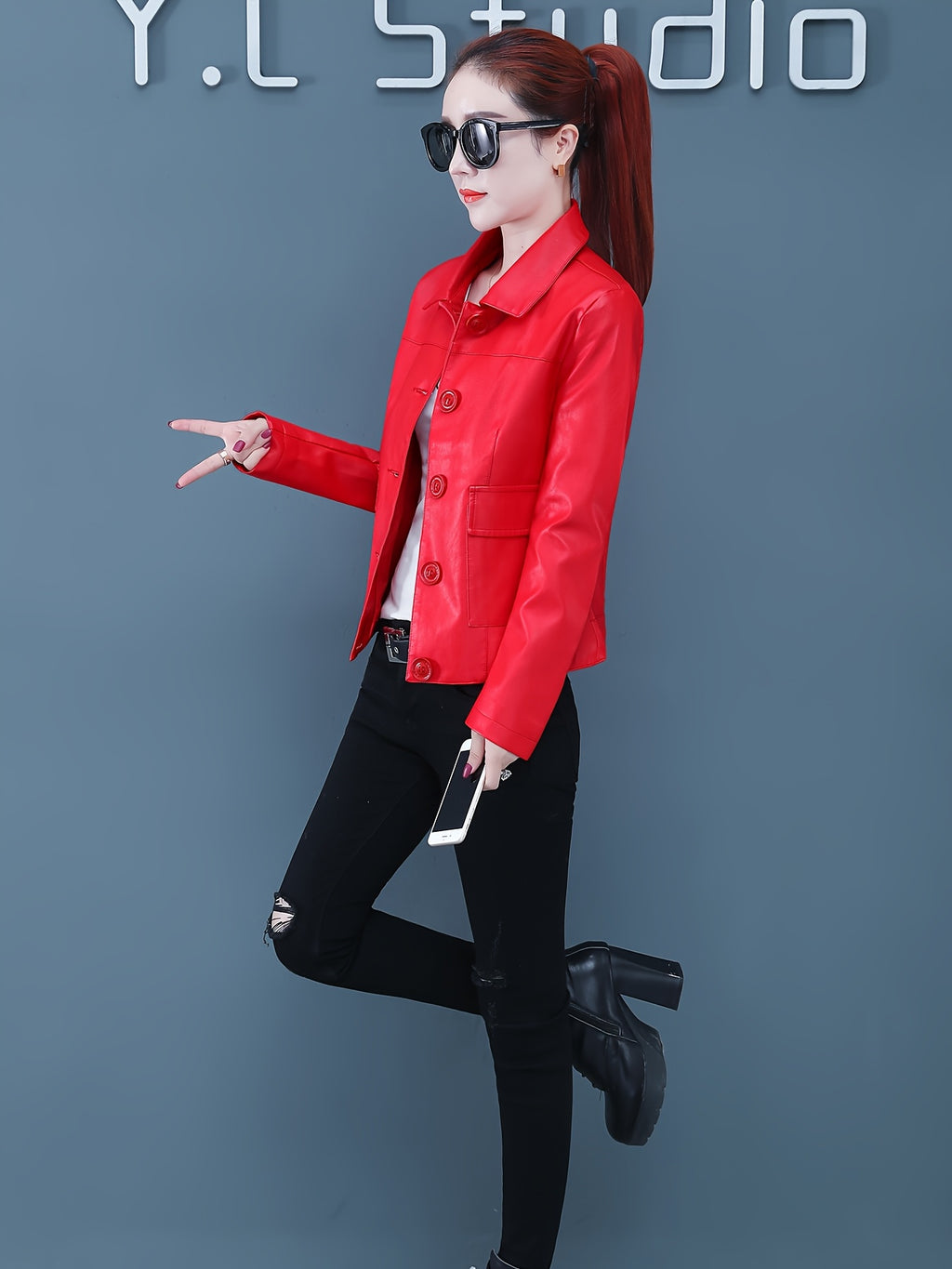 Women's Premium PU Leather Jacket - Elegant Korean Style Short Slim-Fit Red Button-Up Blazer with Notch Lapel & Flared Hem, Spring\u002FAutumn Casual Outerwear