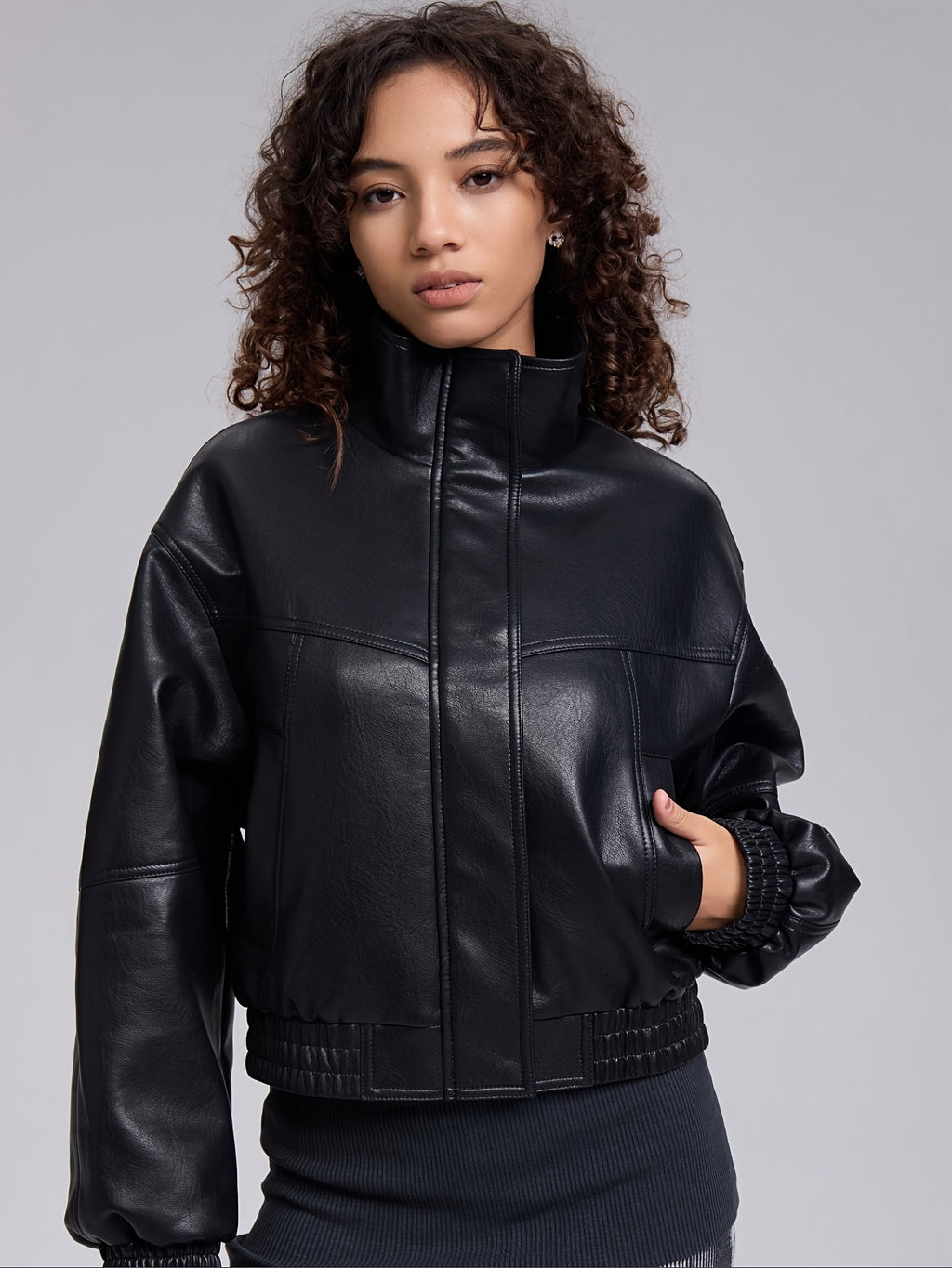 Women'S Casual Stand Collar Black Cropped Jacket, Faux Leather with Zipper, Solid Color, Long Sleeve, Short Length, Fall\u002FWinter Outerwear, 91% Polyester 5% 4% Viscose