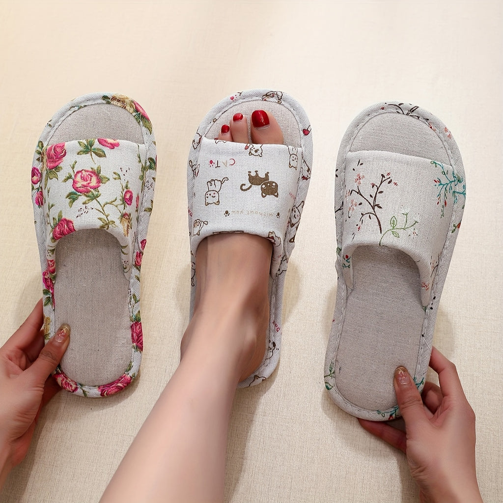 Floral Print Fabric Linen Slippers, Breathable Open Toe Soft Flat Shoes, Lightweight Indoor Floor Slippers