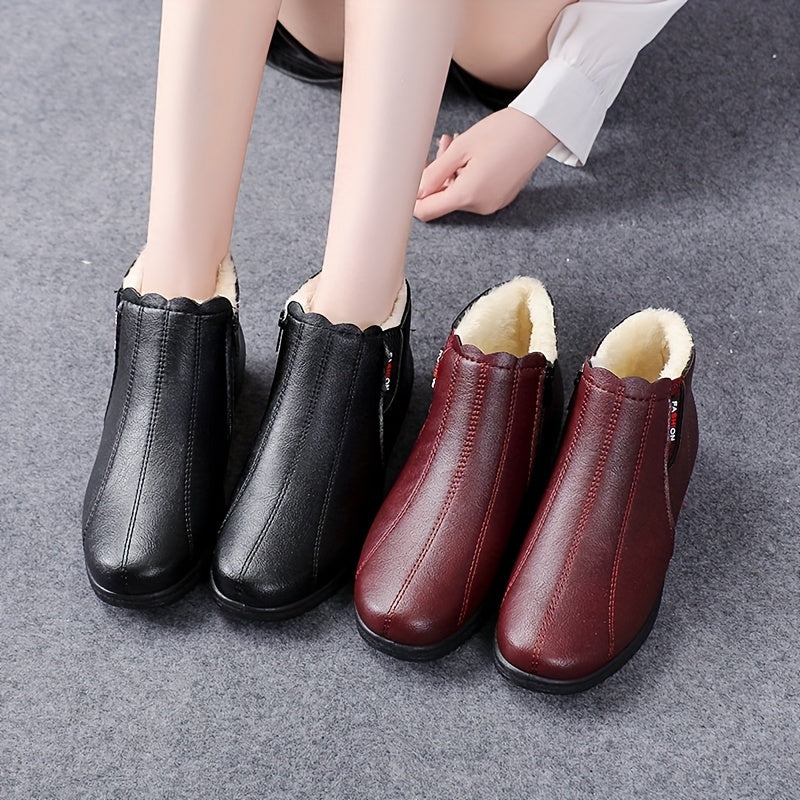 Women'S Plus Size Winter Boots - Black Faux, Warm Lined, Non-Slip Rubber Sole, Flat Heel, Zipper Closure, Comfortable Short Boots for Cold Weather, Winter Footwear|Round Toe Boots|Faux Boots