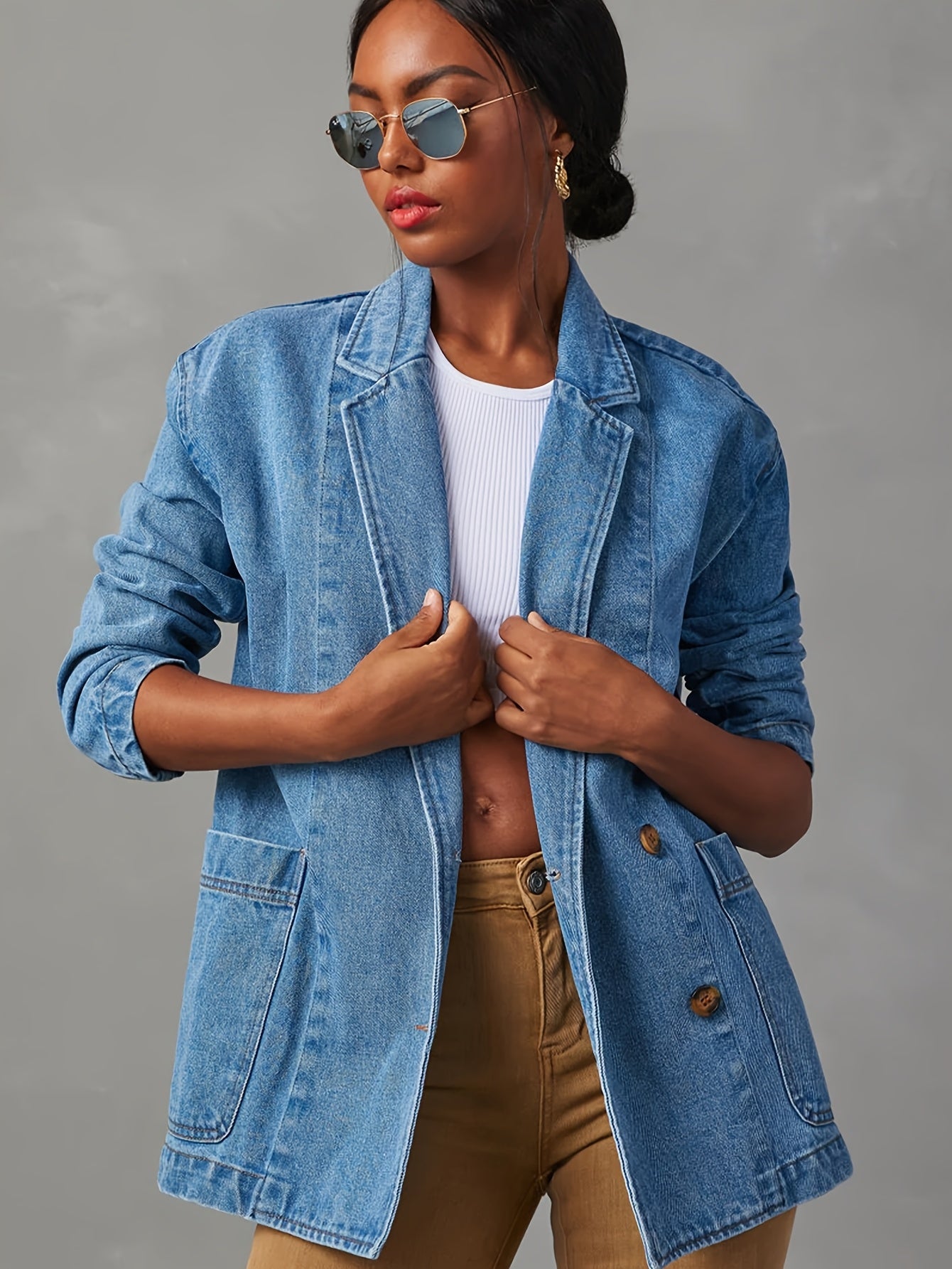 Women'S Elegant Washed Blue Denim Blazer - Single-Breasted, Long Sleeve, Casual Style with Pockets, Perfect for Spring\u002FSummer, Casual Jacket|Sleeveless Jacket|Single Breasted Jacke