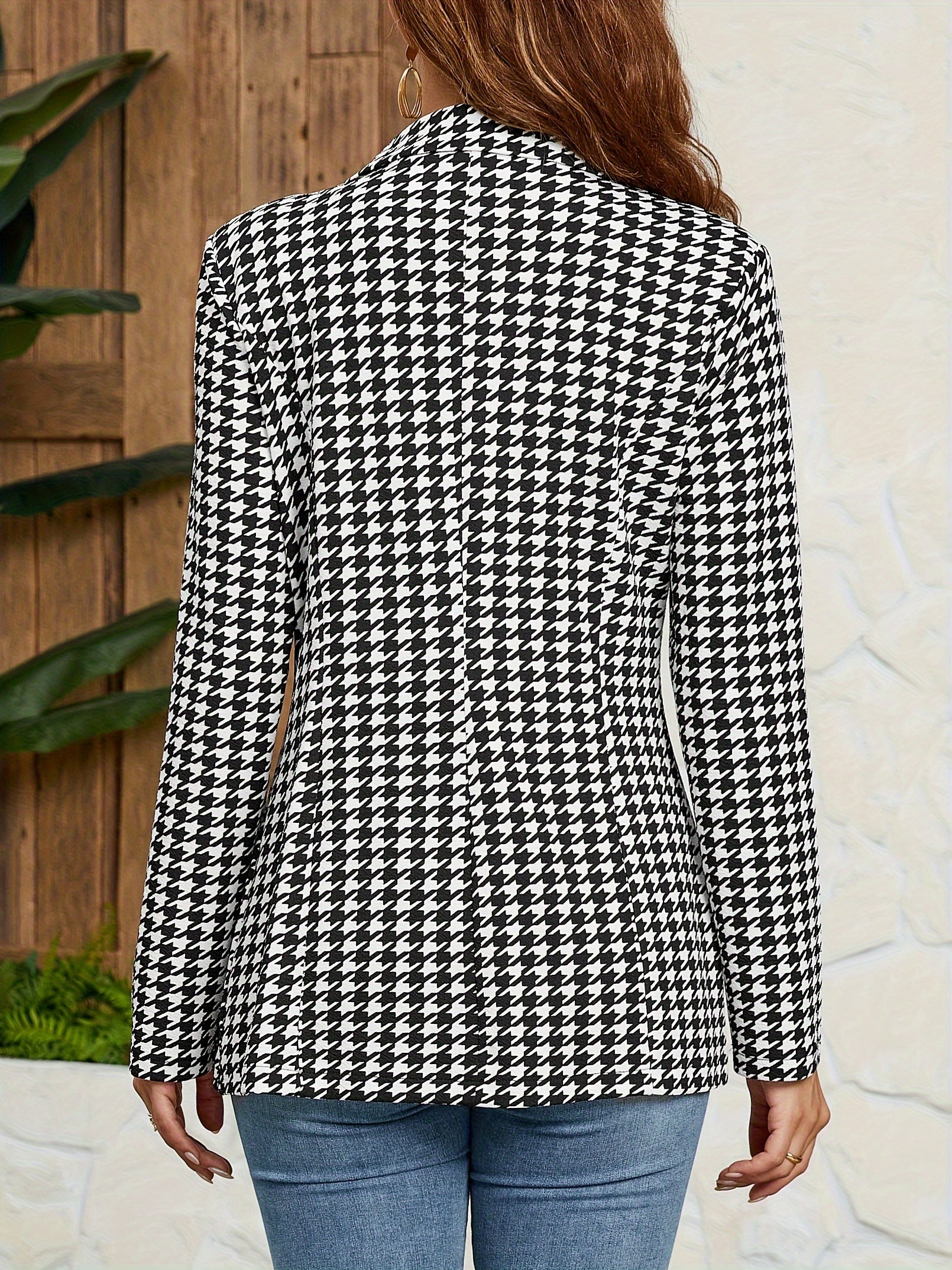 Houndstooth Print Button Front Blazer, Casual Lapel Long Sleeve Every Day Blazer, Women's Clothing