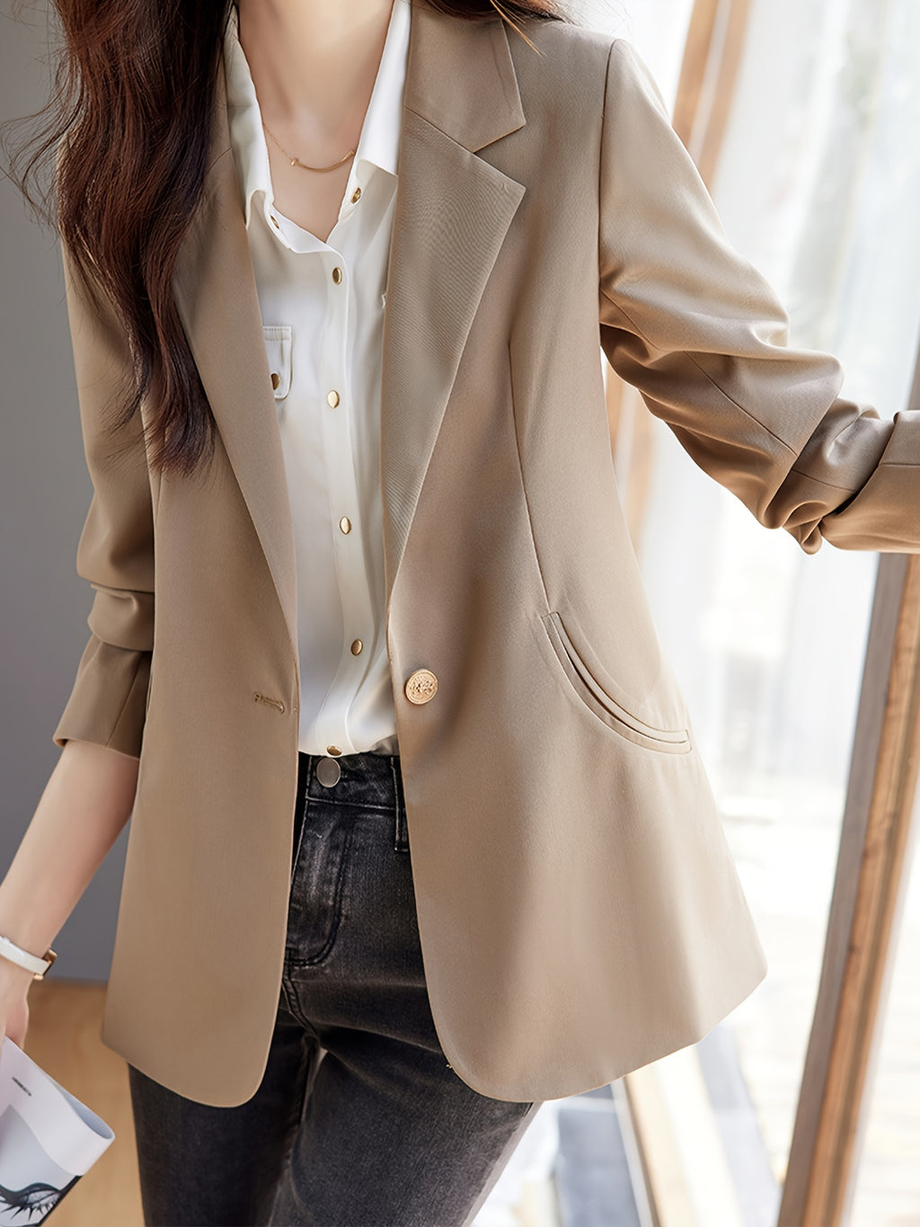 XWI Women's Elegant Beige Blazer - Spring\u002FFall 2024 Collection, Versatile Long Sleeve Jacket with Button Details, Perfect for Office or Casual Outfits