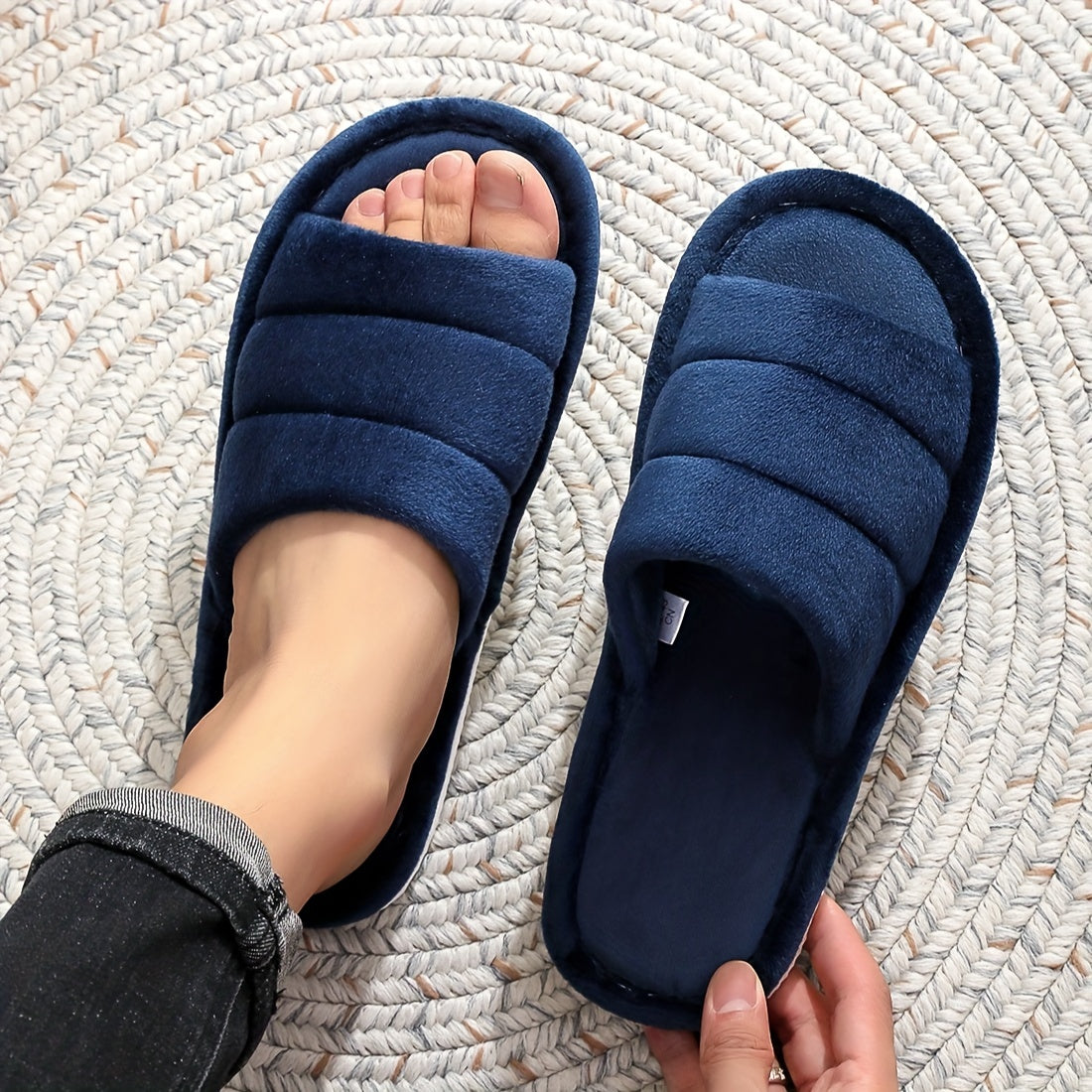 Cozy Slippers for Men and Women - Navy Blue, Non-Slip, Sweat Absorbent, Open-Toe Design with Soft Fabric Upper, Perfect for Indoor Use, All Seasons, Casual Footwear | Soft Fabric Style | Breathable Comfort, House Slippers