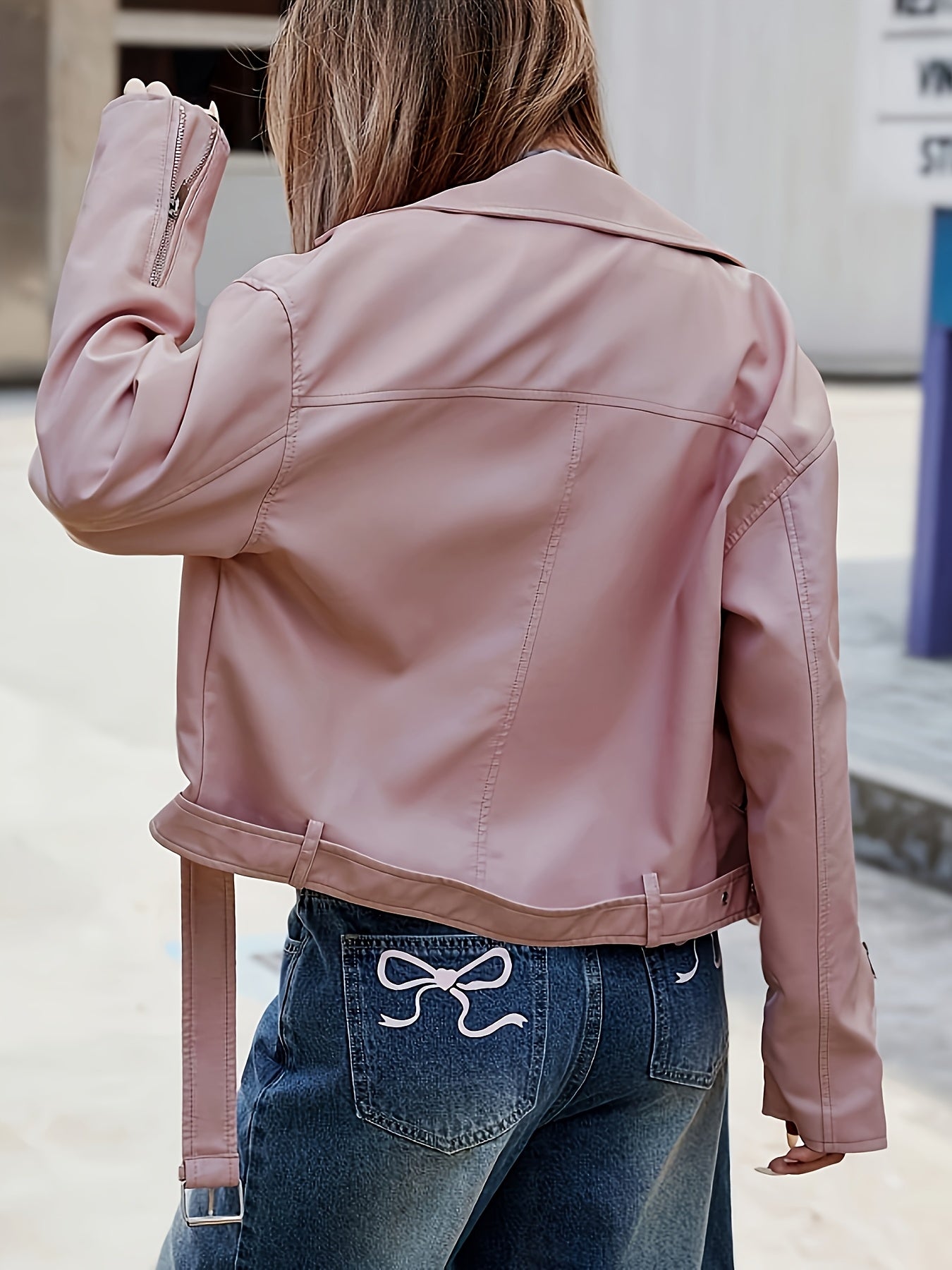 Women'S Chic Pink Faux Leather Jacket - Casual Short Style with Asymmetrical Hem, Zipper & Button Details, Perfect for Motorcycle Riding & Casual Attire, Motorcycle Jacket