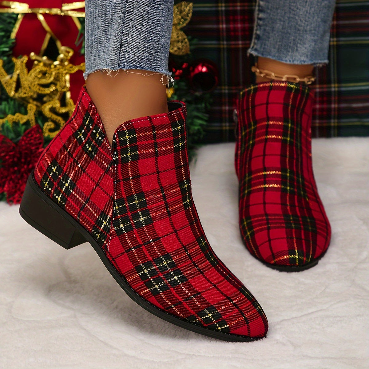 Women's Red Plaid Pointed Toe Low Block Heel Ankle Boots with Asymmetrical Pattern - Zipper Closure, All-Season Comfort Fabric Upper & Plastic Sole for Casual & Festive Occasions