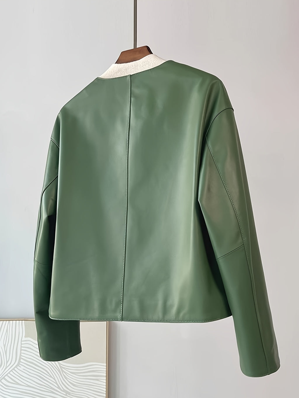 Women's Chic Green PU Leather Jacket - Casual Short Style with Button Front, Long Sleeves, and Side Pockets for Spring\u002FFall