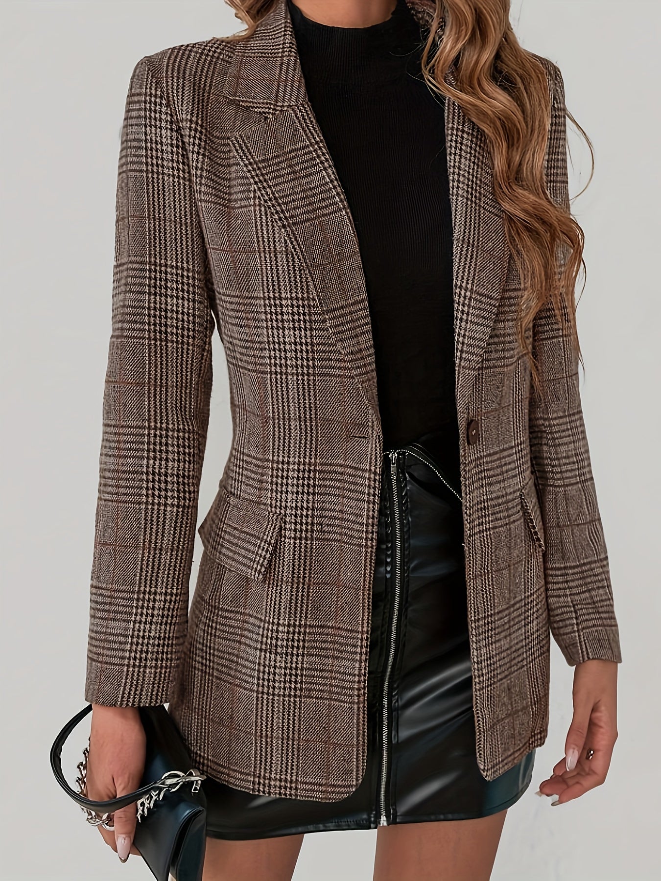 Plaid Pattern Single Breasted Lapel Blazer, Elegant Long Sleeve Blazer For Work & Office, Women's Clothing
