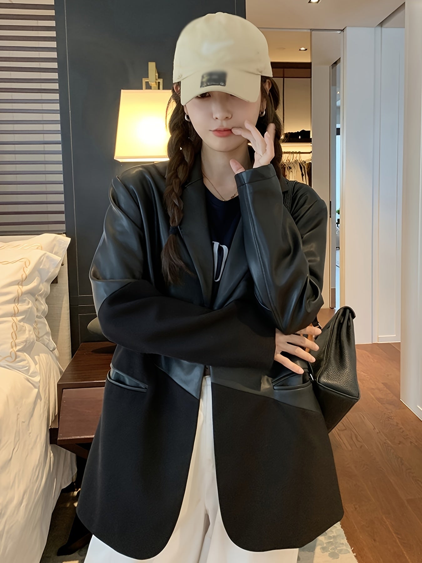 Women'S Stylish Black and White Checkered Blazer - Elegant Non-Stretch Polyester Fabric, Long Sleeve, Single Button Closure, Perfect for Casual & Formal Occasions, Casual Attire|Checkered Blazer|Polyester Blazer