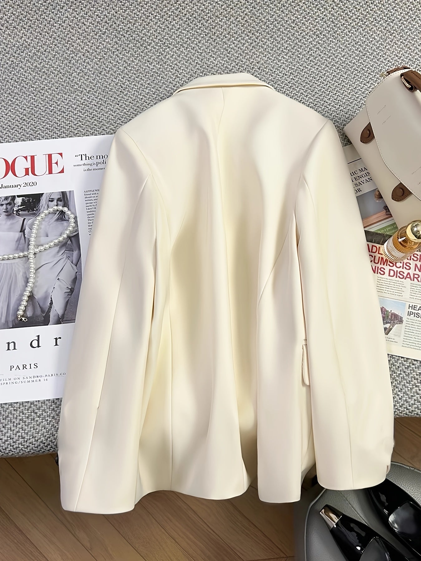 Women's Ivory Heart Embroidered Blazer Jacket - Elegant Lapel Collar, Machine Washable, Structured Fit for All-Season Versatile Wear, Casual Chic Apparel, Formal Outerwear, Suedelike Appearance