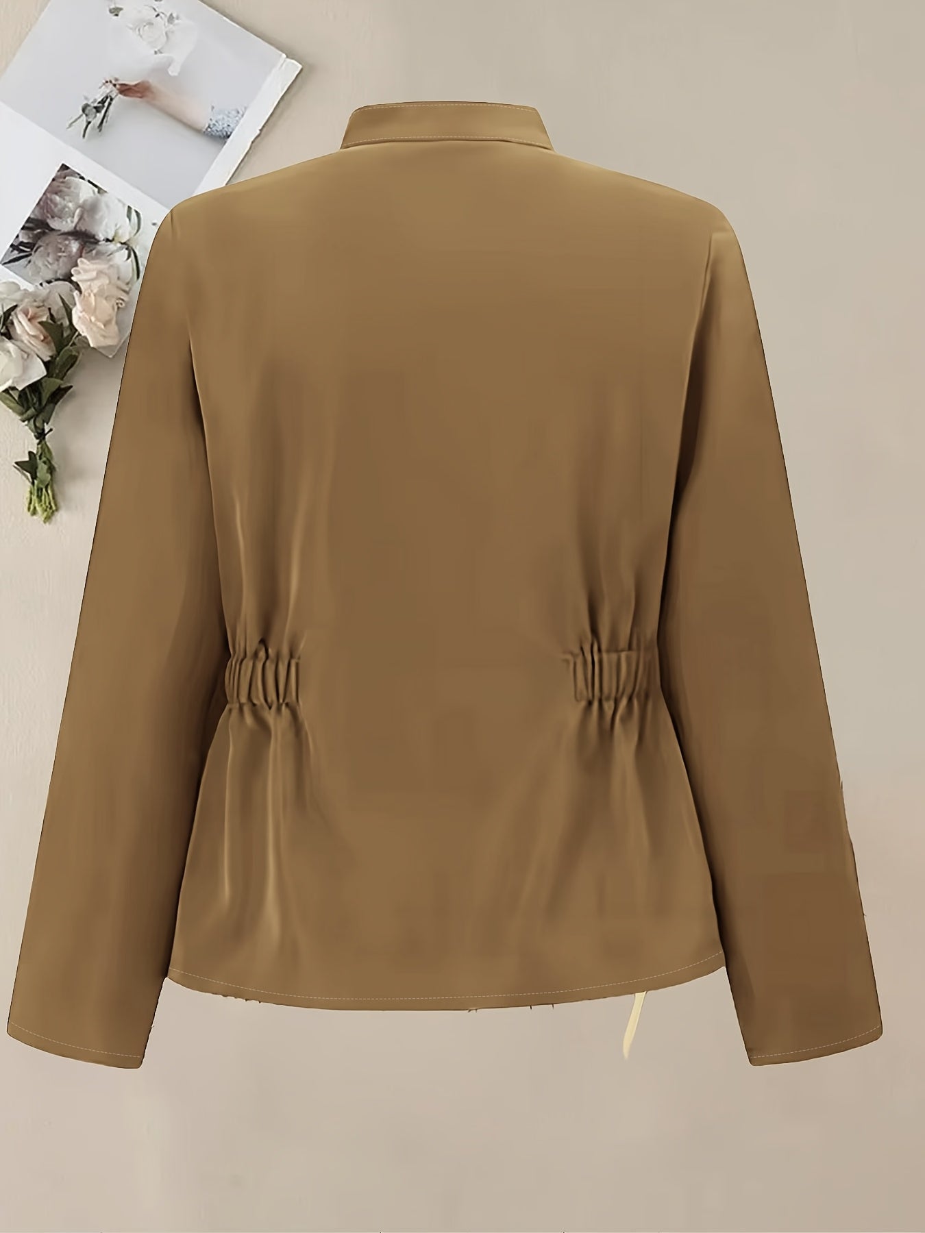 Women's Slim Fit Button-Up Military Jacket - Olive Green Casual Chic Blazer with Stand Collar, Long Sleeves, and Flap Pockets for Spring\u002FSummer\u002FFall