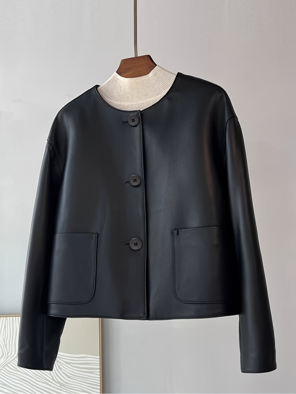 Women's Chic Green PU Leather Jacket - Casual Short Style with Button Front, Long Sleeves, and Side Pockets for Spring\u002FFall